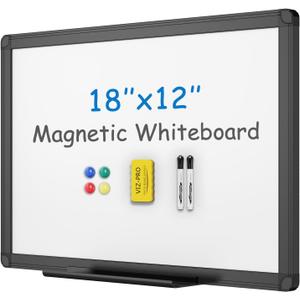 VIZ-PRO Magnetic Whiteboard/Dry Erase Board with Black Aluminium Frame, 18 X 12 Inches, Includes 1 Eraser & 2 Markers & 4 Magnets