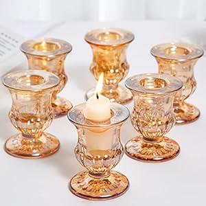 Glass Taper Candle Holders Set of 6 Gold Candlestick Holder, Gold Candle Stick Candle Holder Thick Glass Candle Holders for Candlesticks for Table Centerpiece Wedding Birthday Party Christmas Festival