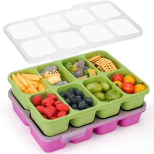 MaMix Snackle Box Container,Leak-Proof Snack Box 8 Compartment Divided Serving Tray with Lid, Dishwasher Safe Food Containers for Fruit Candy Snack Nuts Veggie Party (2 PACK) (GREEN+ROSE RED)