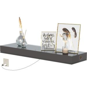 36'' Gray Floating Shelves, 10'' Deep, 3'' Thick, High Gloss Wall Mounted Shelves with Lights, Ideal for Living Room Display, Bedroom Nightstand, Office Storage, Kitchen Decor, or Under TV