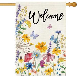 Baccessor Spring Welcome Floral House Flag Flower Leaves Double Sided Large Yard Flag Heavy Duty Seasonal Butterfly Outdoor Outside Patio Decoration 28x40 Inch
