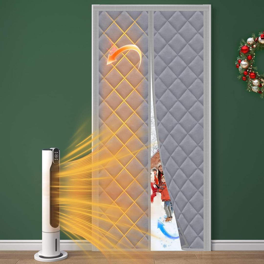 Magnetic Thermal Insulated Door Curtain Fits 36'' x 80'' Doors (Curtain Size 38'' x 82''), Oxford&Cotton Thermal Door Cover Insulation for Winter/Doorway/Attic Doors, Keep Warm, Grey