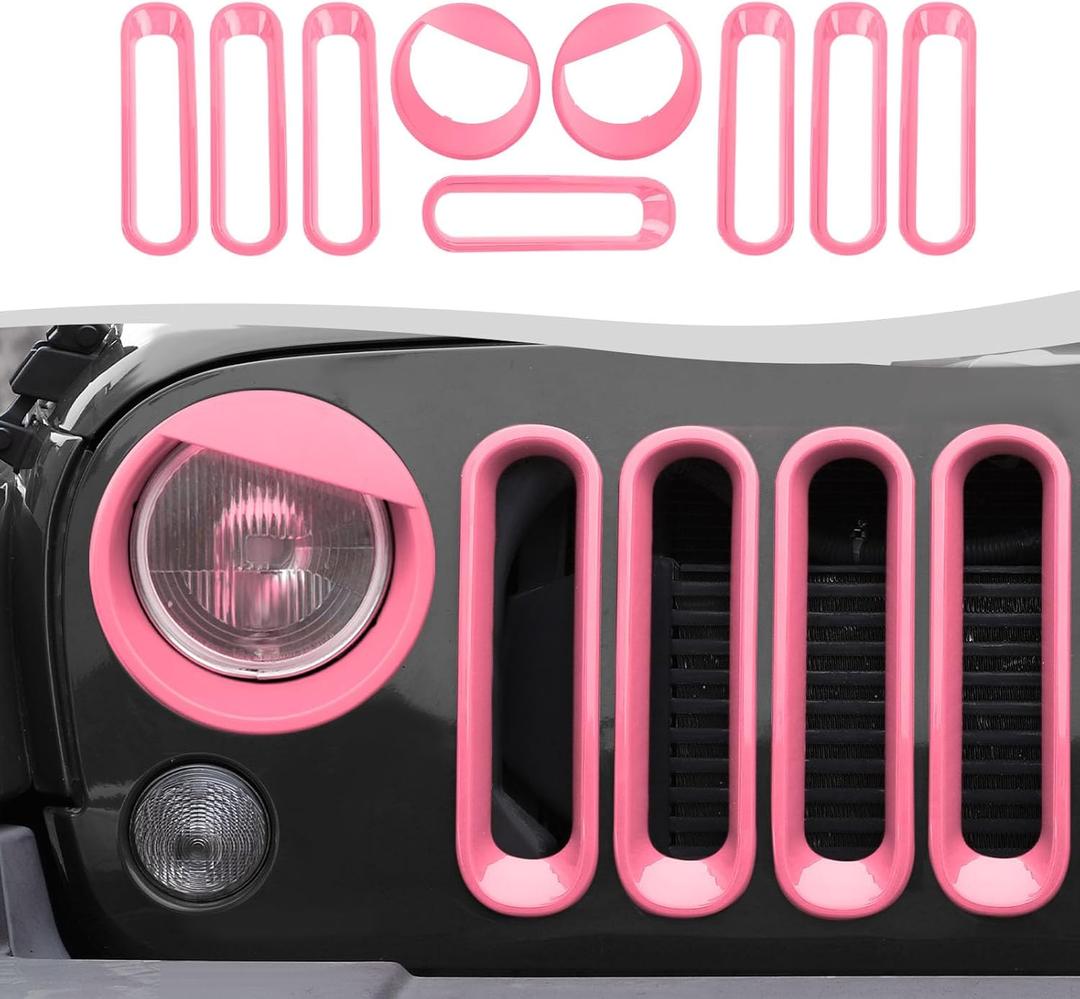 Grille Grill Insert+Headlight Turn Light Cover Trim Fit for 2007-2018 Jeep Wrangler JK JKU,Pink Style A