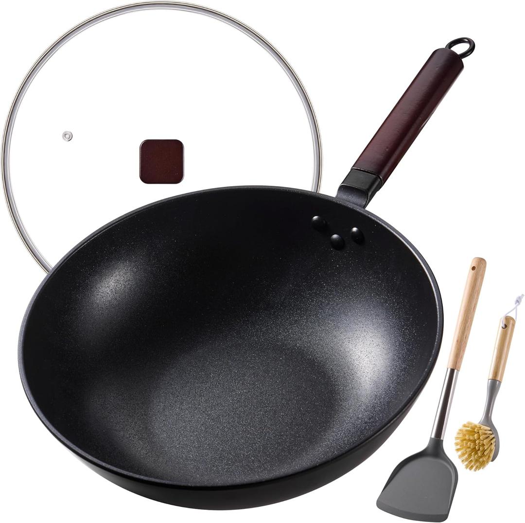 Teewe Carbon Steel Wok -13 Inch Woks & Stir-fry Pans Nonstick, Wok Pan with Glass Lid Spatula and Dish Brush: Pre-Seasoned Flat Bottom Chinese Wok for Induction, Electric, Gas, All Stoves (Transparent/Black)