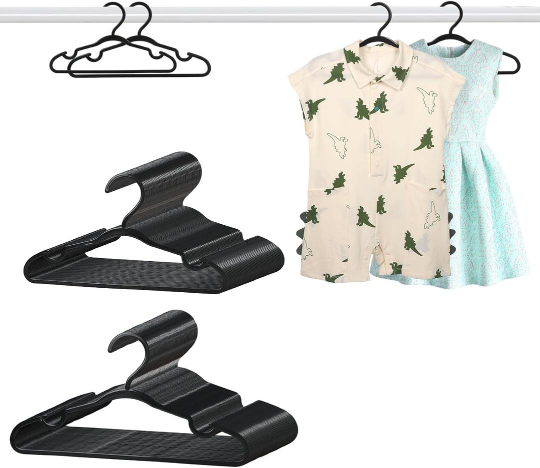 100 Pack Black Baby Hangers 11.42 Inch & 12.91 Inch Each 50 Pack - Kids Non-Slip Clothes Hangers for Infant & Child, Durable Plastic Children's Hangers for Closet, Pants, Coats, Skirts (11.42 " x 6.3" and 12.91" x 6.89")