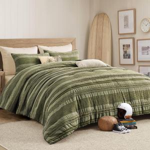 Wonderful Army Green Comforter Set Queen Size, Yarn Dyed Farmhouse Striped Cotton Lightweight Boho Comforter with Pillow Shams, Fluffy Bedding Set for All Season