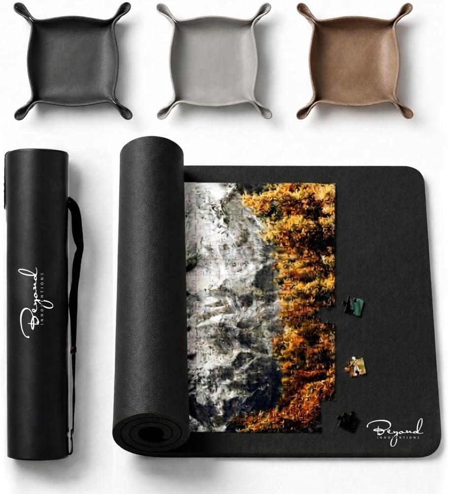 Jigsaw Puzzle Mat Roll Up 47" x 26" | 3 Sorting Trays, 3 Fastening Straps, Foam Tube, & Travel Friendly Storage Bag | Non-Slip Rubber Puzzle Matt Rollup - Up to 1500 Pieces, Large