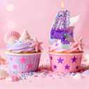 3 x Mermaid Themed Birthday Candles 4 for Anniversary Party Cake Decorations, Number 4 Girls Glitter Birthday Party Favors, 2.87 inch Cup Cake Topper Supplies