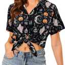 Halloween Button Down Shirts for Women Pumpkin Skull Print Blouses Hocus Pocus Hawaiian Holiday Short Sleeve Tops (Black, M)