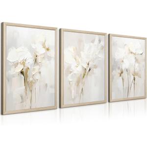 Neutral Wall Art Abstract Floral Canvas Pictures Beige Flower Wall Decor Modern Painting Minimalist Poster Abstract Botanical Prints White Artwork for Bedroom Living Room 16x24x3 Inch Wood Framed
