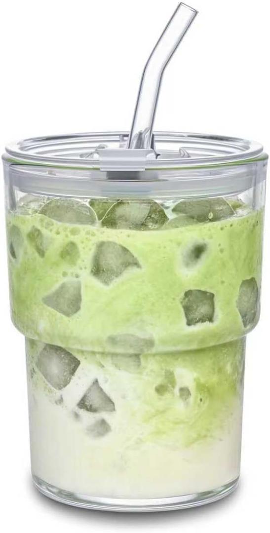 13oz Glass Tumbler with Straw and Lid Sealed, Carry On Reusable Iced Coffee Cups,Thick Wall Glass Coffee Drinking Glassware Cups (A1-clear)