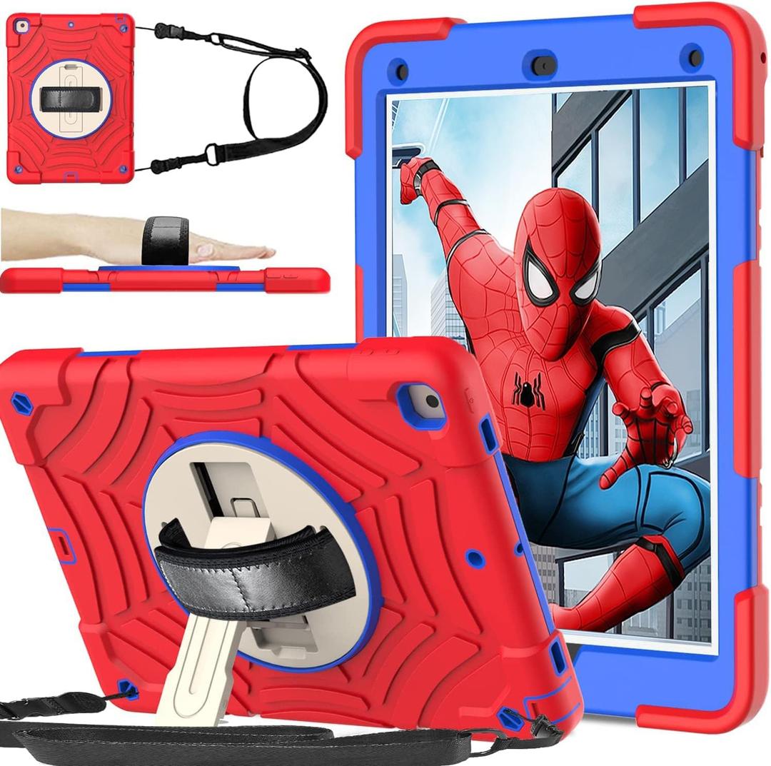BMOUO Case for iPad 6th/5th Generation Case (9.7 inch, 2018/2017), with Screen Protector, 360 Rotating Stand & Hand & Shoulder Strap Kids Case for iPad 6th/5th Gen, Red