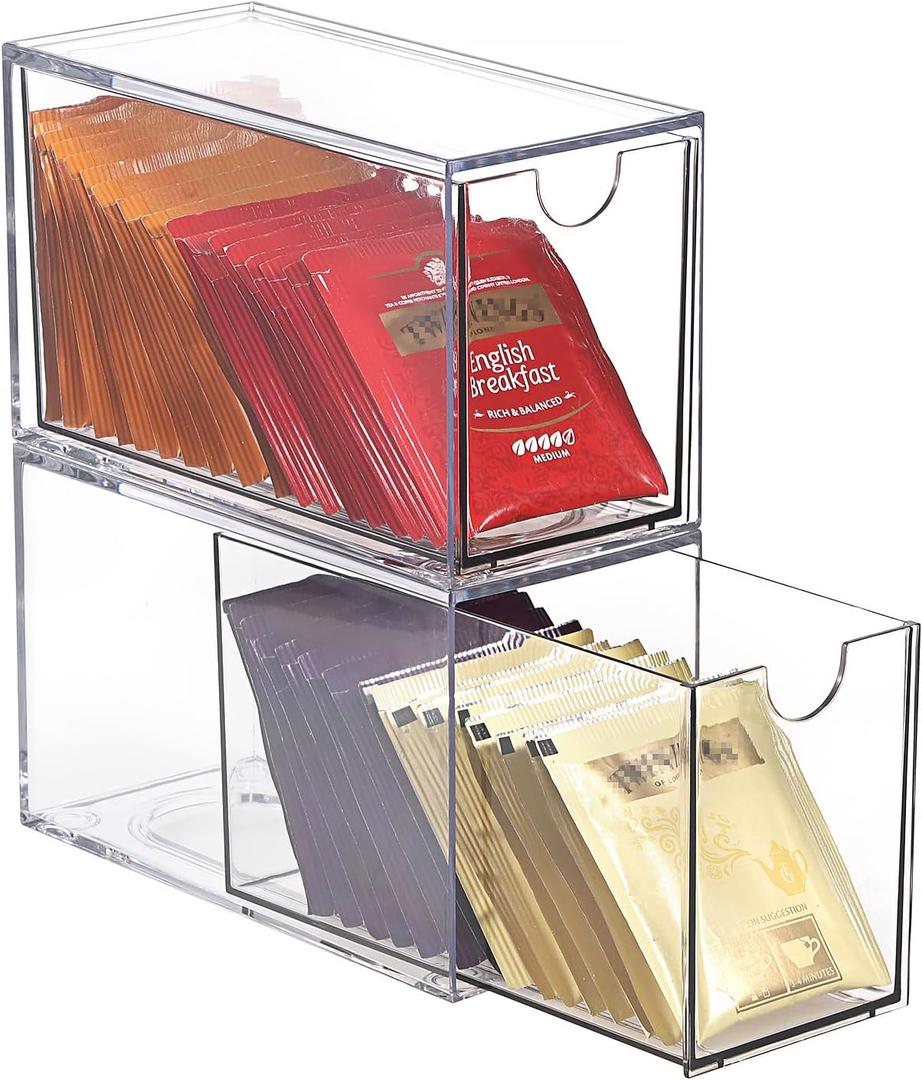 ELLDOO 2 Drawers Tea Bag Organizer, Clear Acrylic Stackable Tea Bag Storage Holder for Kitchen Pantry, Coffee Pod Snack Storage for Countertop Cabinet