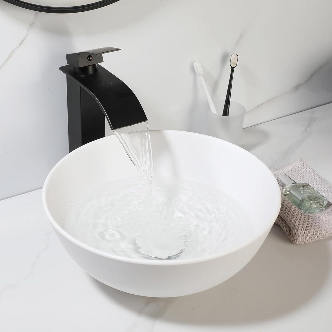 13" Round Stone Resin Vessel Sink with Pop-Up Drain Combo White Bathroom Sink Above Counter, Art Basin Vanity Sink for Small Bathroom, 12.8"Dx 12.8"W x 5.8"H