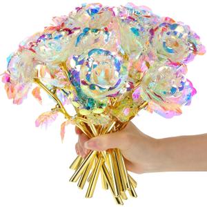 Lyrow 12 Pcs Galaxy Rose Flowers Valentine's Day Gift Flowers with Stems Gift for Her Forever Preserved 24k Fake Crystal Rose for Mother's Day Birthday Wedding Decor, 10'' (White)