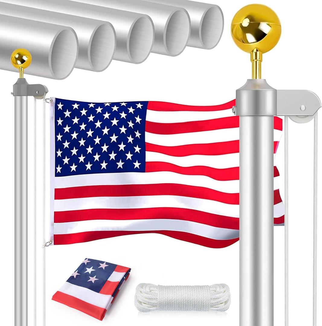 14 Gauge Sectional Flag Pole Kit, 16FT Extra Thick Heavy Duty Aluminum Outdoor In ground Flagpole with Free 3x5 Polyester American Flag and Golden Ball, for Residential or Commercial, Silver