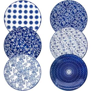 Ceramic Dinner Plates Set - 10.5 Inch Large Kitchen Porcelain Salad Serving Plate for Pasta Steak Pizza Pancakes - Scratch Resistant Dishwasher Oven Microwave Safe - Set of 6 - Vintage Blue