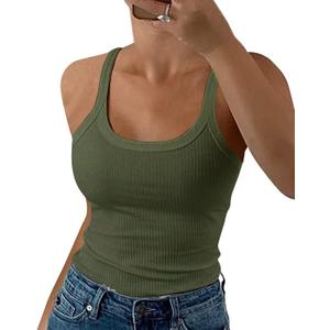 GEMBERA Women Spaghetti Strap Scoop Neck Ribbed Tank Tops Slim Fitted Cotton Camisole Basic Sleeveless Layering Shirts (Large, Olivegreen)