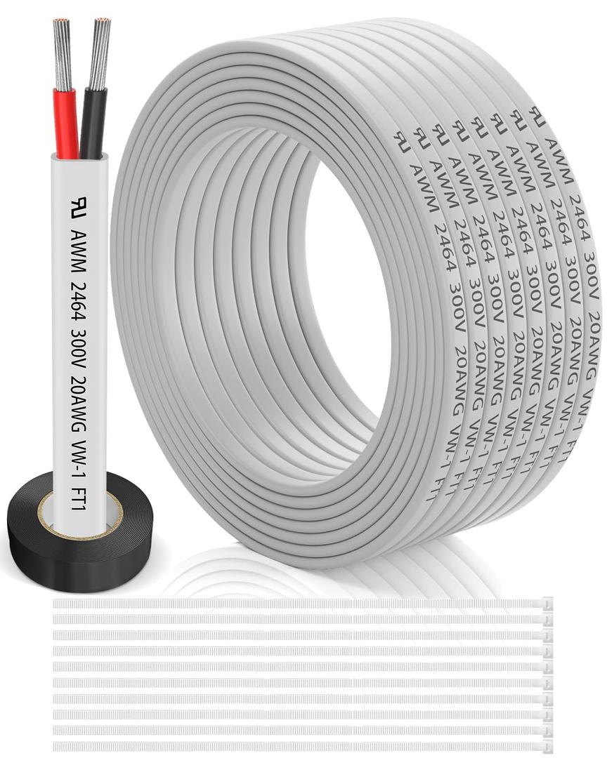 20 Gauge Wire 2 Conductor Electrical Wire 50FT, 20 AWG Flat 2 Wire Cable Tinned Copper/PVC Flexible/Stranded 20/2 Cord for Automotive, LED Lighting, 12V 24V Low Voltage Cable, Marine etc.