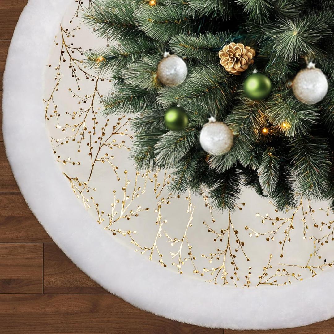 36 Inch Christmas Tree Skirt,White and Gold Faux Fur Xmas Tree Skirt,Thick Plush Velvet Tree Skirt for 4ft/6ft/7.5ft/9ft Christmas Trees,Large White Christmas Tree Skirt for Holiday Decoration