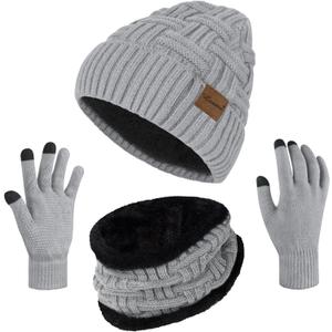 Loritta 3-Pieces Winter Hat Neck Warmer Touchscreen Gloves Set Knit Thick Scarf Beanie Hats Scarves Set Gifts for Women (Light Grey)