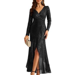 Women's Long Sequin Formal Dresses Long-Sleeve Cocktail Wedding Guest Dresses Elegant V Neck Party Gowns (XX-Large, Black-t36)