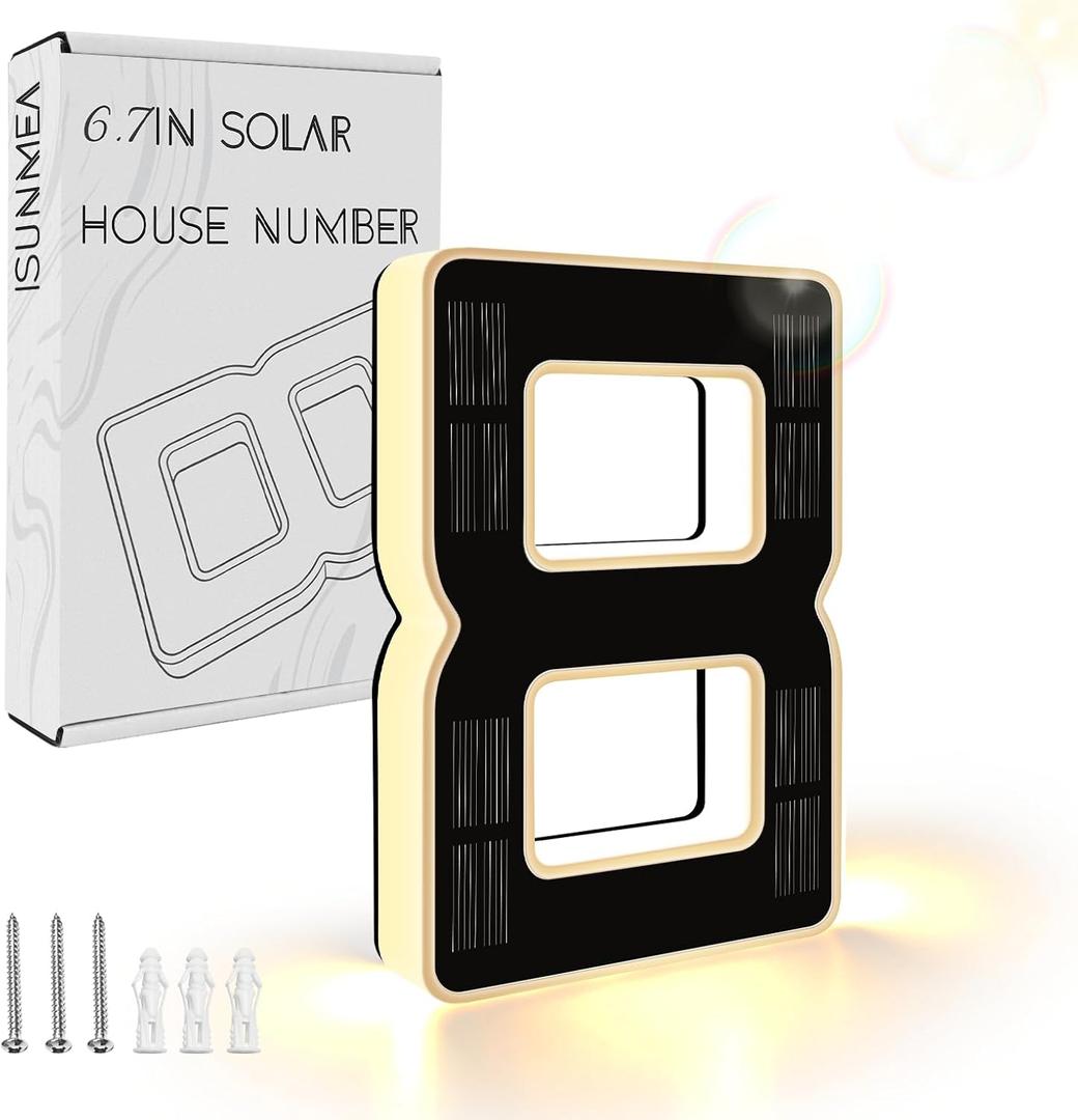 ISUNMEA 6.7 Inch Solar Lighted House Numbers for Outside, Light Up Waterproof LED Address Signs for Houses, Backlit Illuminated Exterior Modern House Numbers Light (8-Black, 6.75IN)