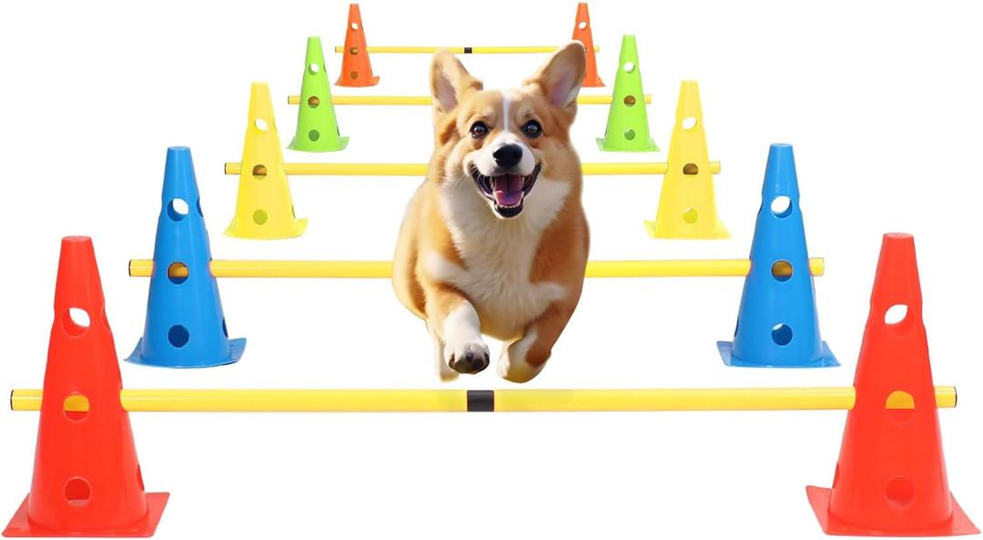 Dog Jump Agility Training Set Puppy Agility Training Hurdle 10 Cones & 5 Poles Combo for Backyard Adjustable Obstacle Training Course Equipment Outdoor Indoor