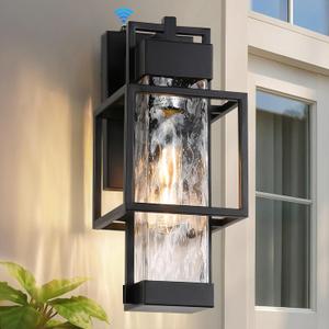 Outdoor Wall Lights Dusk to Dawn with Water Glass, Black Exterior Lighting Fixtures Waterproof Outdoor Sconce Lights with LED Bulbs, 15" H Large Outside Lights for House Porch Garage Patio (Black/D2D Sensor)