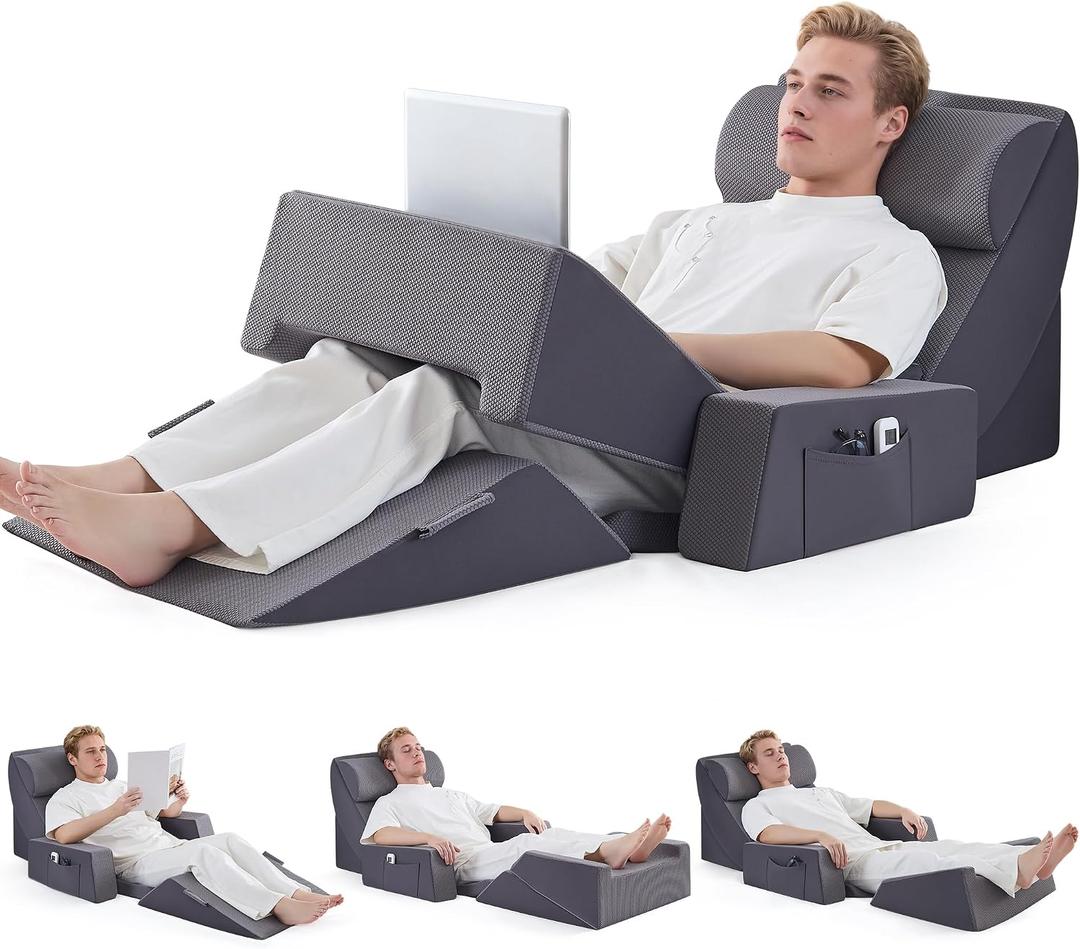 9PCS Wedge Pillow Set for After Surgery Recovery, Adjustable Memory Foam Neck Pillow,Foam Leg Pillow,Relieves Neck,Leg Pain,Sleep Apnea,Reading Pillow with Breathable Seersucker,Dark Grey
