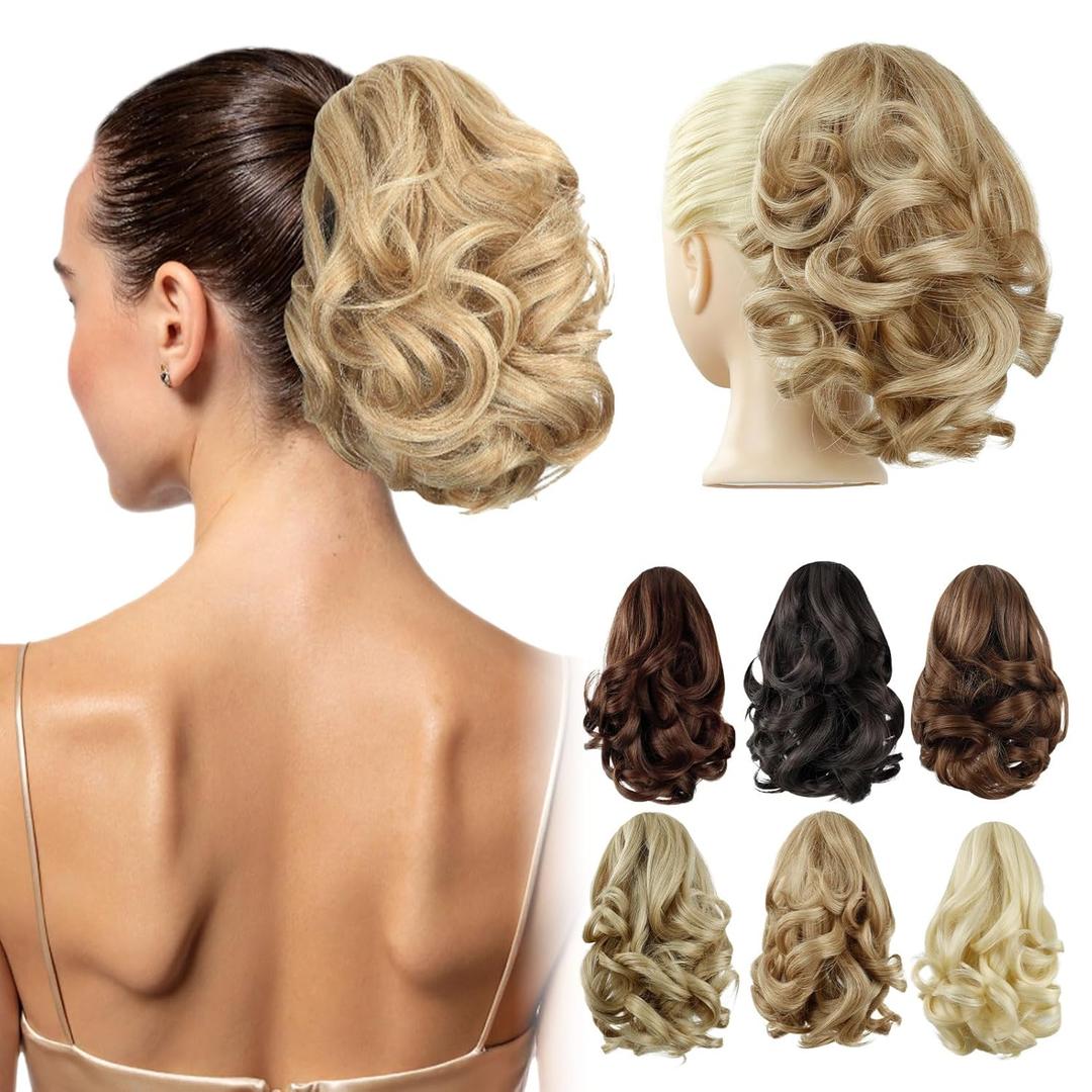 Blonde Ponytail Extension,9" Short Curly Wavy Claw Clip Pony tails Hair Extensions Natural Soft Synthetic Hairpiece for Women