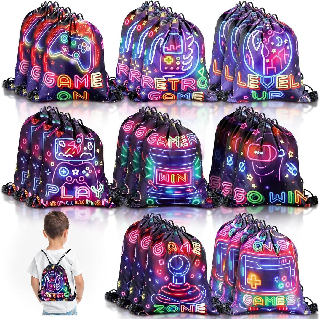 Huhumy 16 Pcs Video Game Party Favor Neon Game Drawstring Bags 12 x 10 Inch Video Theme Gifts Goodie Treat Candy Bags Party Supplies for Boys Girls for Kid Birthday