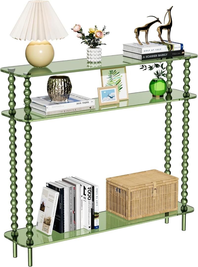 Acrylic Console Table Narrow, 3 Tier Long Entryway Table with Storage, Mid-Century Modern Sofa Table Entry Table for Living Room, Hallway (Green, 39.49.435.4)