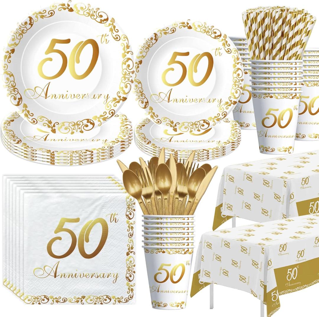 APOWBLS 50th Anniversary Decorations And Supplies Tableware - Golden 50 Year Wedding Anniversary Decorations, Party Plate, Cup, Napkin, Tablecloth, Cutlery, Paper Straw | Serve 24