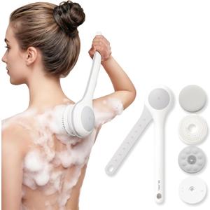Electric Body Brush Back Scrubber for Shower, Waterproof Long Dual Handle Power Body Scrubber with 3 Heads, Bath Brush & 2 Speeds, for Cleansing, Exfoliating and Massaging Skin, Milk White