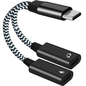 USB C to Dual USB C Female Audio Type C Connector Headphone and Type C Charging Adapter Splitter Music 2 in 1 Aux Cable (Black) (Black 1)