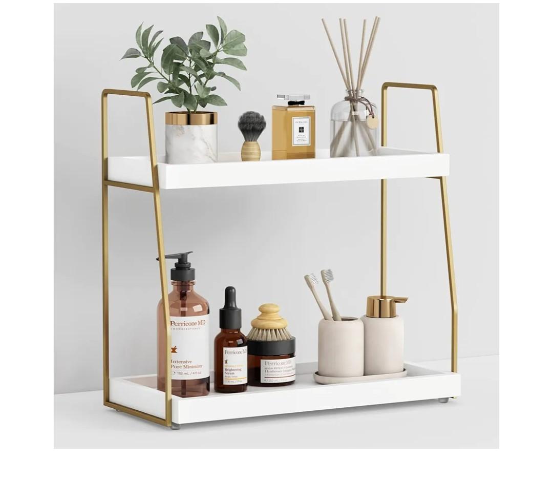 Forbena Bathroom Organizer Countertop, Counter Organizer for Bathroom Decor, Wooden Sink Shelf for Vanity Storage, Makeup Tray for Perfume Skincare Bedroom Kitchen Corner (2 Tier, White and Gold)