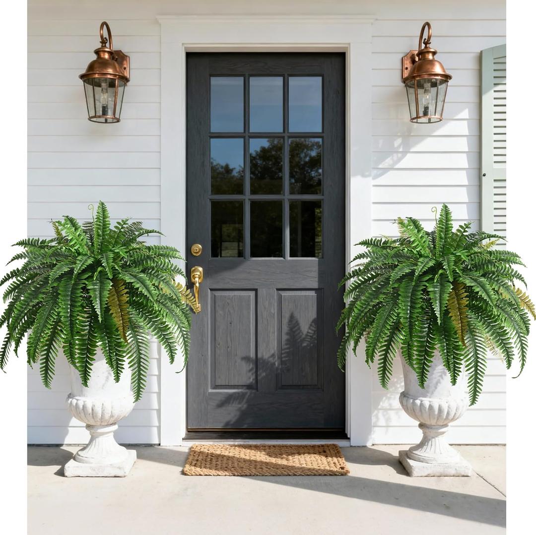 2PCS 45in Fake Ferns- Large Artificial Plants Outdoor, UV Resistant Artificial Ferns for Outdoors, 60 Branches Faux Boston Fern Realistic Weatherproof Fake Plants for Porch Home Patio Hanging Decor