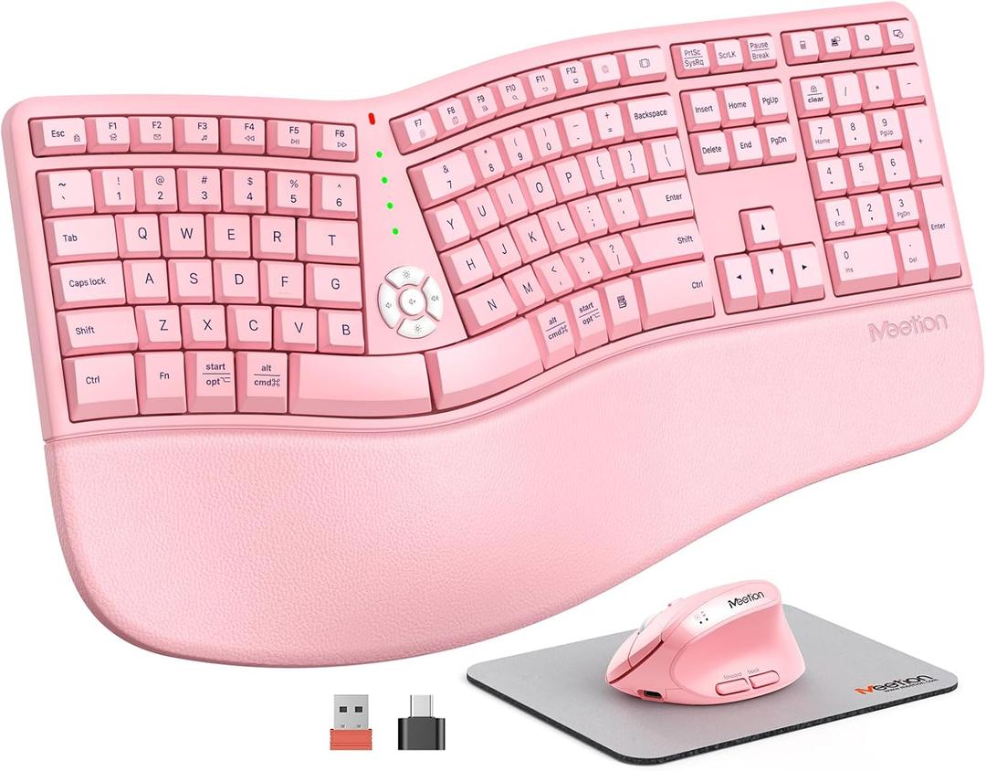 MEETION Ergonomic Keyboard and Mouse, 2.4G USB Wireless Split Keyboard with Soft Palm Rest, 4 DPI Adjustable Vertical Mouse, Full Size Rechargeable Windows/Mac/Computer/Laptop, Pink