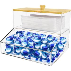 JYPS 2-in-1 Laundry Organizer with Large Capacity: Double-Layer Transparent Acrylic Storage Box with Bamboo Lid for Pods, Dryer Sheets & Supplies