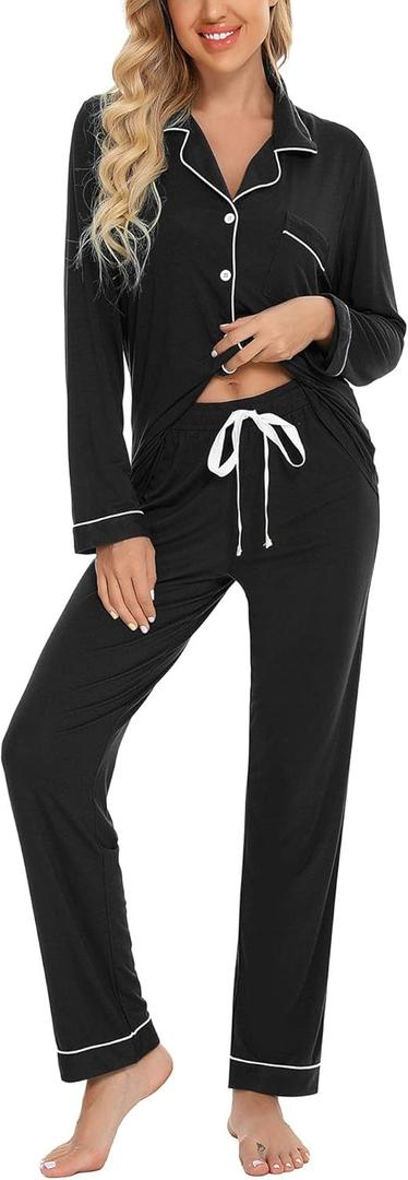 Leikar Button Up Pajama Set For Women Long Sleeve Shirt And Pajama Pants Soft Pjs Lounge Sets (Medium, Black)