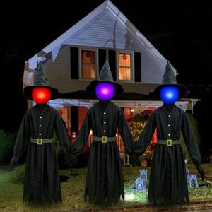 Halloween Decorations Outdoor 5 FT Set of 3 Light Up Witches Holding Hands Witches with Stakes,Scary Screaming Variable Glowing Face Witches for Spooky Garden Statue Decoration Lawn Patio Decor (BK)