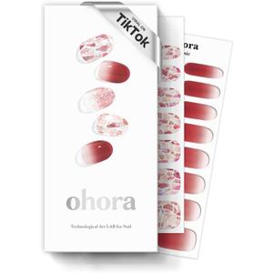 ohora Semi Cured Gel Nail Strips (N Brilliant) - Red, Patterned, Works with Any UV/LED Lamps, Salon-Quality, Long Lasting, Easy to Apply & Remove - Includes 2 Prep Pads, Nail File & Wooden Stick