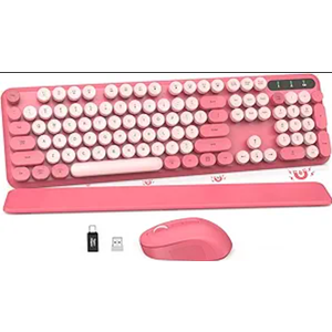 Wireless Keyboard and Mouse Combo - Round Keycaps, Full-Size Retro Typewriter Keyboard with Detachable Wrist Rest, Sleep Mode & Tilt Legs, 2.4GHz Cordless Connection for Mac/Windows/PC (Hot Pink)