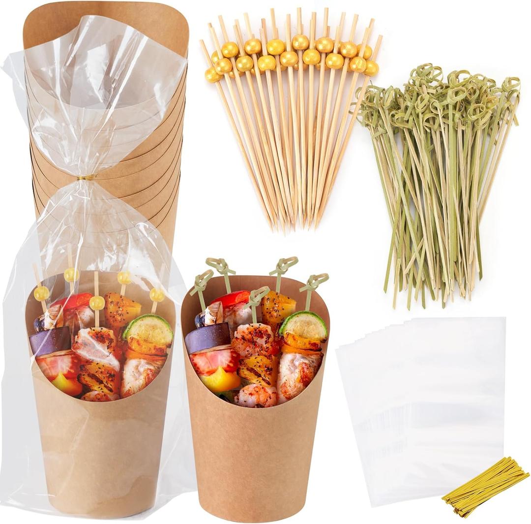 60pcs Individual Disposable Charcuterie Cups with Sticks,60 Portable Bags,200pcs Cocktail Skewers,14oz Brown Paper Appetizer Cups for French Fry, Party Supplies