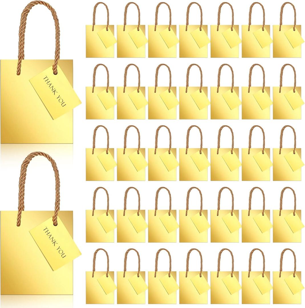 Nuanchu 50 Pcs Mini Gift Bags Bulk, 4 x 2.75 x 4.5 Inch Paper Bags with Gift Tags, Extra Small Metallic Paper Totes with Handles for Birthday Weddings Baby Showers Party Favors(Gold)