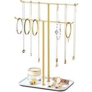 pickpiff Necklace Holder Jewelry Organizer Stand  2Tier TBar Jewelry Display Tree with Tray for Countertop Necklace Bracelet Earring Storage, Vanity Dresser Bathroom Sink, Gold