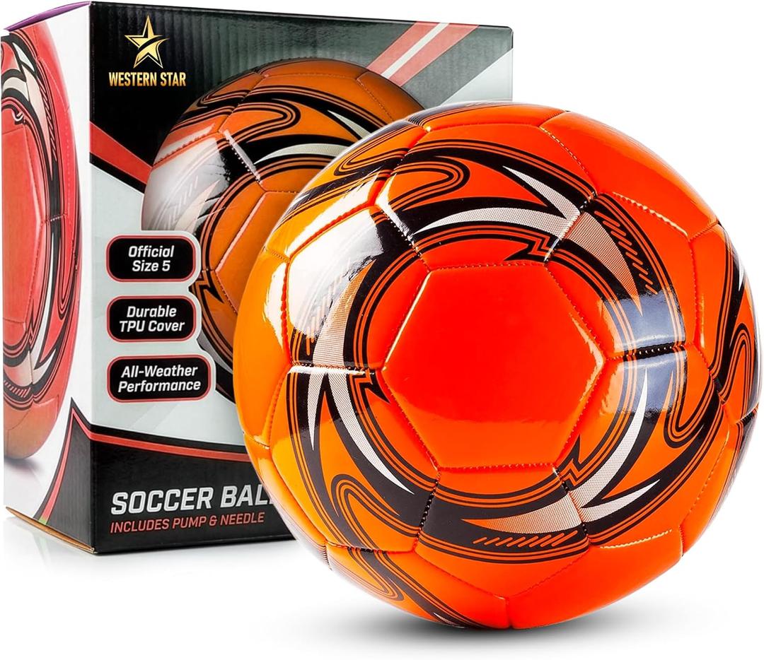 Western Star Soccer Ball Helix- Size 3 4 5 - Official Match Grade Soccer Balls - Attractive and Durable Design (Amber Orange)