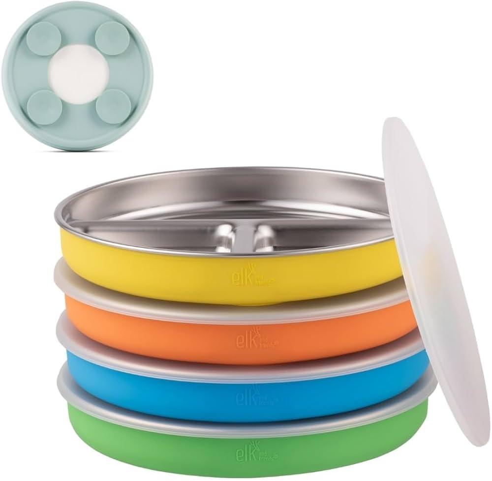 Elk and Friends Kids/Toddler 7.8" Stainless Steel Divided Plate + Lid | 4pk
Suitable for Babies | Silicone Suction Sleeves | Lids Included | Dishwasher Safe | Baby Weaning Supplies