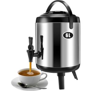 Insulated Drink Dispenser Stainless Steel Hot Water Beverage Dispenser Coffee Urns Hot and Cold Drink Holder with Pump Spigot for Party Tea, Milk, Water(1.59 Gallon/ 6 L)